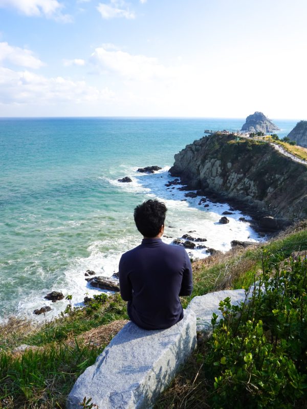 Back view of man sitting on the edge looking at the beach